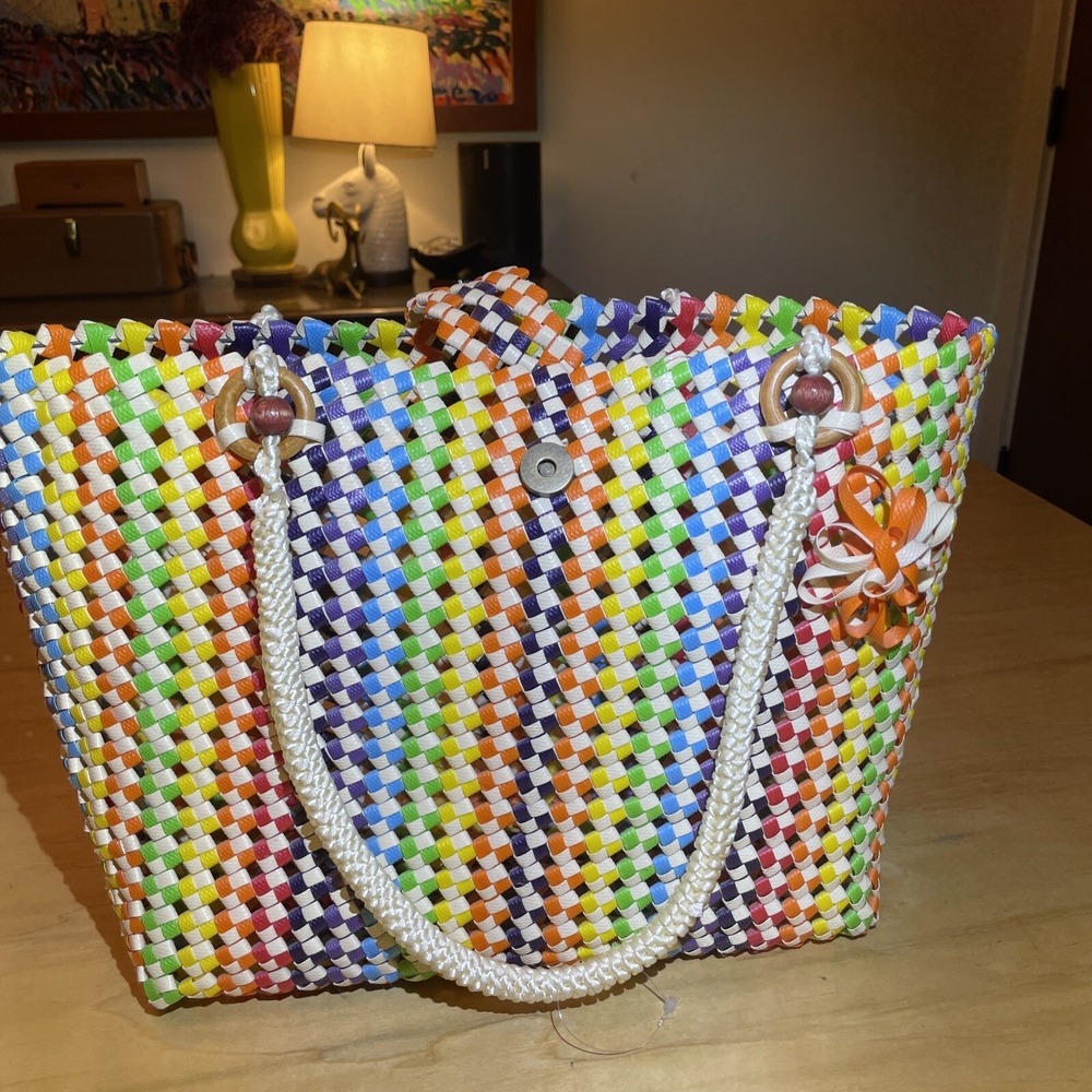Mexican Artisan Handwoven Plastic Purse Hand Bag‎ Tote Colored - Picture 7 of 7